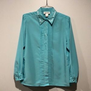 Yves St. Clair Vintage Blue Embroidered Button Down Blouse